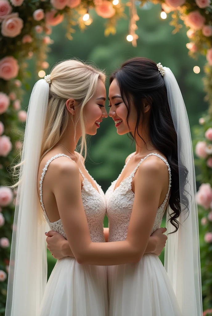 A blonde Asian woman marrying a black haired Asian woman