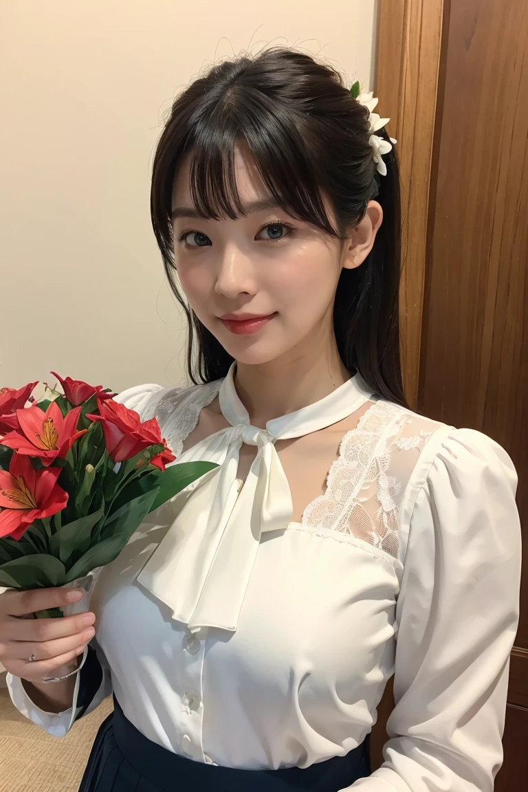 Medium Size Display, Medium Shot, Written boundary depth, bust, Upper Body, Movie angle, masterpiece, Highest quality, Very detailed, CG, 8k wallpaper, Beautiful Face, Delicate eyes, Otome, alone, smile, bangs, skirt, Formal blouse, Bouquet of lilies