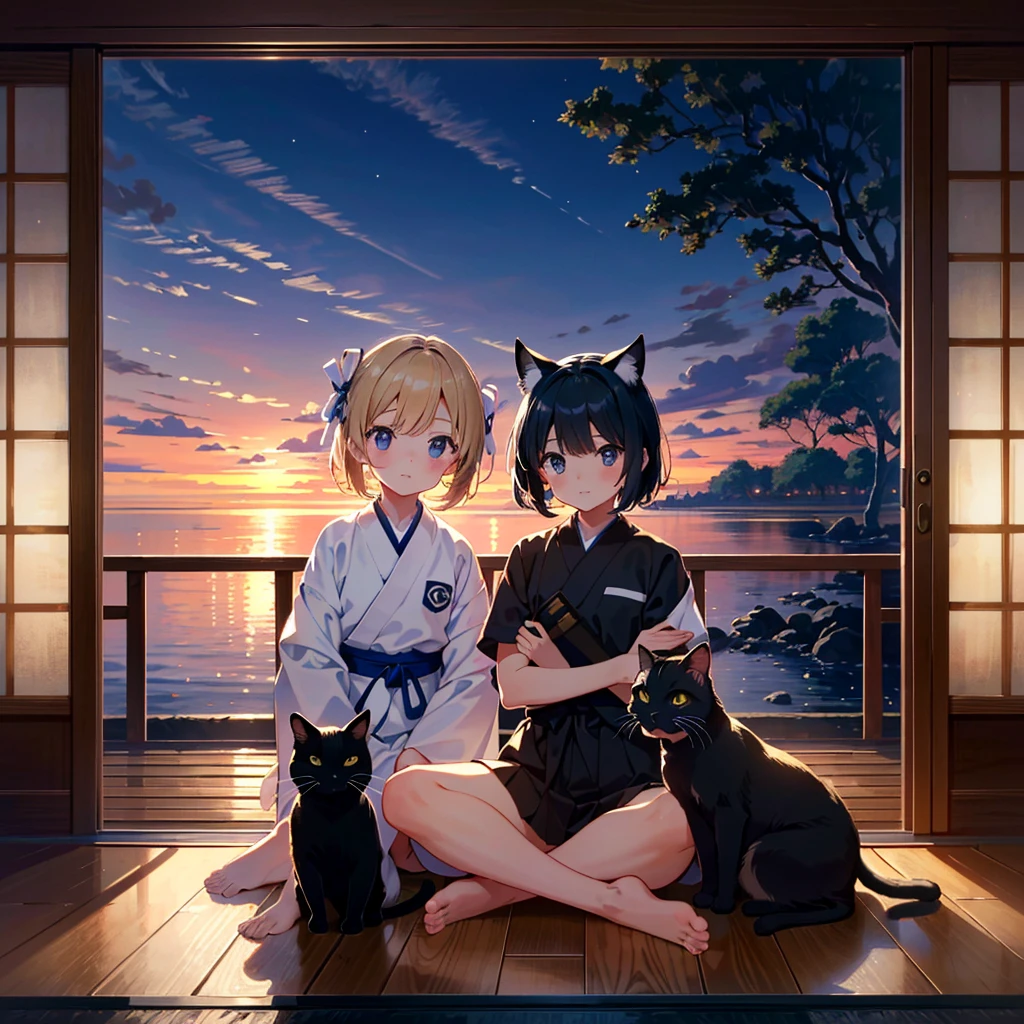 {{{Masterpiece, highest quality, high resolution background}}}, bright and beautiful atmosphere, 1 girl (7 years old, round face, baby face), small breasts, kendo dojo, girl wearing kendo uniform and holding a wooden sword, Barefoot, relaxing black cat, "deltamon_sdXL :0.73)>Deltamon"