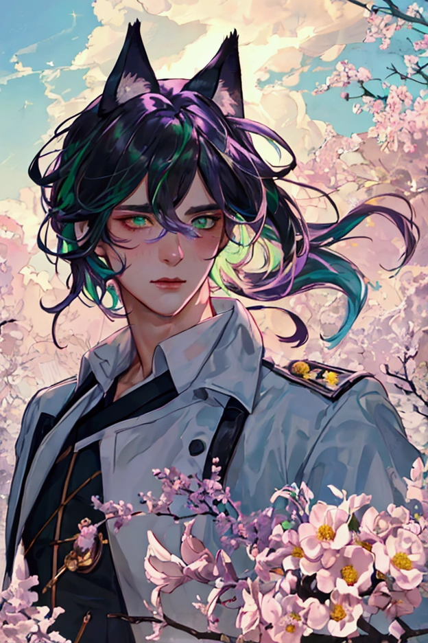 (masterpiece), (best quality), (ultra detailed),(disheveled hair),(illustration), (1man), standing, Fashion model, looking at viewer, (interview), (detailed background),beautiful detailed eyes, delicate beautiful face, Floating,(high saturation),(colorful splashes),colorful bubble,(shining), focus on face, floating flowers, floating hairs, (shining), best lighting, best shadow, 1male solo, atmospheric, backlit,epic, handsome, theme park afternoon sun, seductive eyes with heterochromia left eye is bright purple right eye is bright green, perfect face, handsome man, wearing a doctor uniform, depth of field, stern look, seductive eyes with heterochromia left eye is purple right eye is green, cat ears, eye, dark theme, magic sunlight, blush, atmospheric,backlit,epic, hdr, male focus