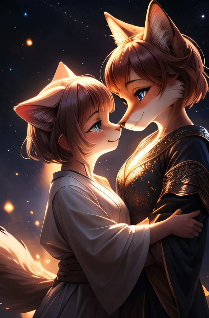 ASCIIrealistic, masterpiece, (side) view, couple portrait, two characters, cute COUPLE, lesbian couple, female couple : (female (anthro ((red) fox))), detailed and extremely fluffy body fur, glossy fur, purple eyes, round chest, ((short messy copper hair, short bangs, short blunt bob hairstyle)), (fantasy black and purple magician witch outfit), half-closed eyes, closed mouth, cheeky seductive expression, holding in her arms a (female (anthro ((white)) feline cat))), flat chest, blue eyes ((long messy blonde low twin tails)), (fantasy sky blue high priestress robe with golden gemstone accessories details) uploaded on e621, (by Hasui Kawase:0.5), by Barbara Takenaga, by Affandi, by Beatrice Ethel Lithiby, by Catcouch, FurryCore, nighttime, intricately space galaxy background, ethereal magical lights, dim lighting, emitting otherworldly glow that defies the laws of natural light, detailed, realistic, 8k uhd, high quality, high quality photography, 3 point lighting, flash with softbox, 4k, Canon EOS R3, hdr, smooth, sharp focus, high resolution, award winning photo, 80mm, f2.8, bokeh, cinematic composition, cinematic lighting,highly detailed, masterpiece, best quality, realistic, (intricate:0.9), (high detail:1.4), film photography, sharp focus,
