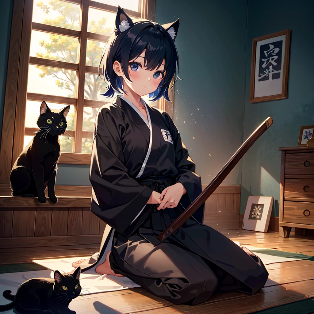 {{{Masterpiece, highest quality, high resolution background}}}, bright and beautiful atmosphere, 1 girl (, round face, baby face), small breasts, kendo dojo, girl wearing kendo uniform and holding a wooden sword, Barefoot, relaxing black cat, "deltamon_sdXL :0.73)>Deltamon"