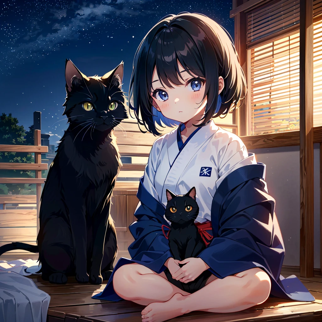 {{{Masterpiece, highest quality, high resolution background}}}, bright and beautiful atmosphere, 1 girl (7 years old, round face, baby face), small breasts, kendo dojo, girl wearing kendo uniform and holding a wooden sword, Barefoot, relaxing black cat, "deltamon_sdXL :0.73)>Deltamon"