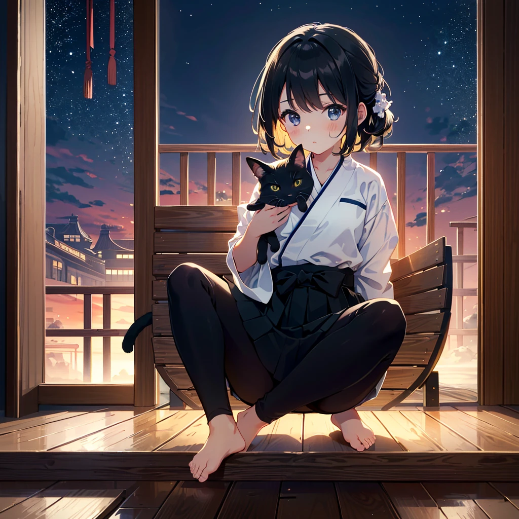 {{{Masterpiece, highest quality, high resolution background}}}, bright and beautiful atmosphere, 1 girl (, round face, baby face), small breasts, kendo dojo, girl wearing kendo uniform and holding a wooden sword, Barefoot, relaxing black cat, "deltamon_sdXL :0.73)>Deltamon"