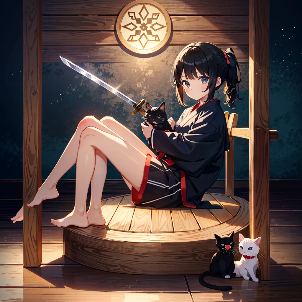 {{{Masterpiece, highest quality, high resolution background}}}, bright and beautiful atmosphere, 1 girl (7 years old, round face, baby face), small breasts, kendo dojo, girl wearing kendo uniform and holding a wooden sword, Barefoot, relaxing black cat, "deltamon_sdXL :0.73)>Deltamon"