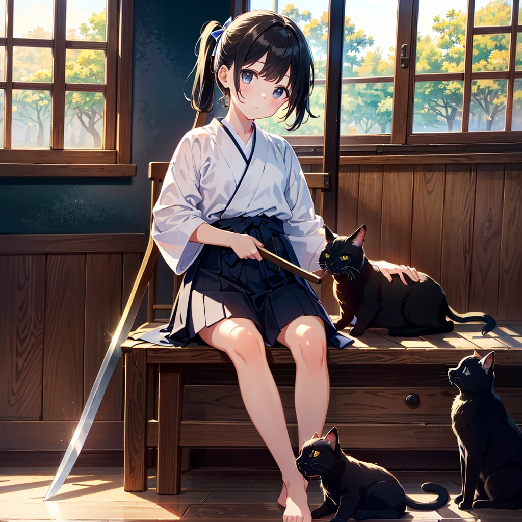 {{{Masterpiece, highest quality, high resolution background}}}, bright and beautiful atmosphere, 1 girl (7 years old, round face, baby face), small breasts, kendo dojo, girl wearing kendo uniform and holding a wooden sword, Barefoot, relaxing black cat, "deltamon_sdXL :0.73)>Deltamon"