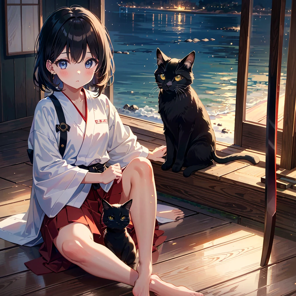 {{{Masterpiece, highest quality, high resolution background}}}, bright and beautiful atmosphere, 1 girl (7 years old, round face, baby face), small breasts, kendo dojo, girl wearing kendo uniform and holding a wooden sword, Barefoot, relaxing black cat, "deltamon_sdXL :0.73)>Deltamon"