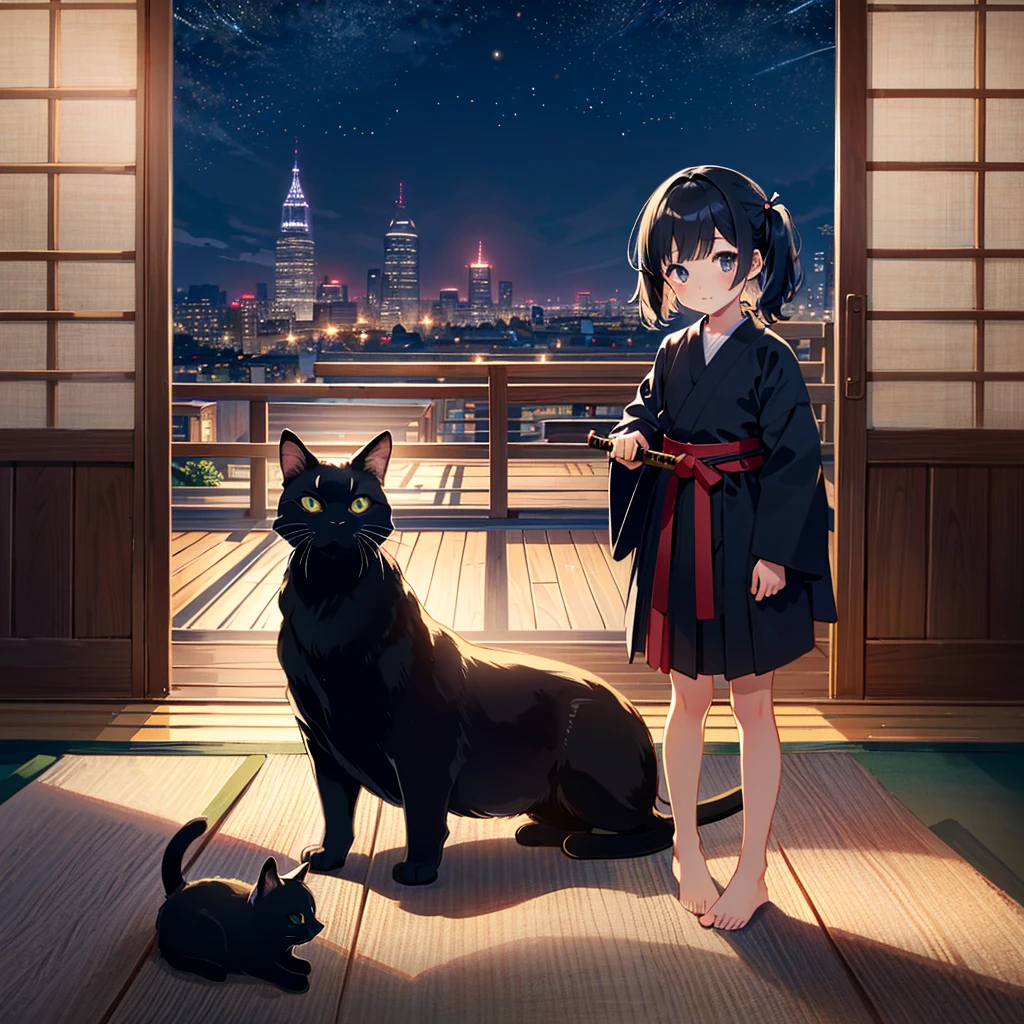 {{{Masterpiece, highest quality, high resolution background}}}, bright and beautiful atmosphere, 1 girl (7 , round face, baby facebreasts, kendo dojo, girl wearing kendo uniform and holding a wooden sword, Barefoot, relaxing black cat, "deltamon_sdXL :0.73)>Deltamon"