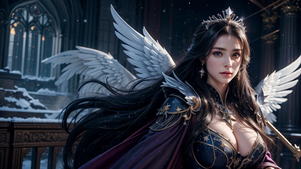 masterpiece, rest, best quality, Very detailed, Super real, 16K, high resolution, castle,snow, ((Starry Sky)),Female Mage,Gorgeous robe,Complex Mode,Pretty Face,Closed mouth,dramatic,Upper Body,Glowing scepter,Black Wings,Large Breasts