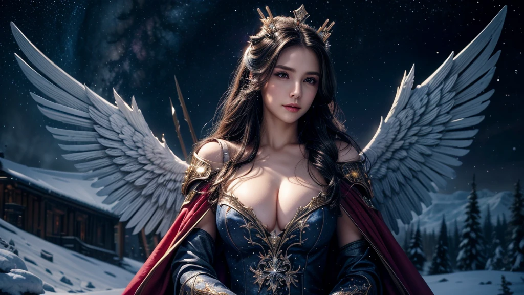 masterpiece, rest, best quality, Very detailed, Super real, 16K, high resolution, castle,snow, ((Starry Sky)),Female Mage,Gorgeous robe,Complex Mode,Pretty Face,Closed mouth,dramatic,Upper Body,Glowing scepter,Black Wings,Large Breasts