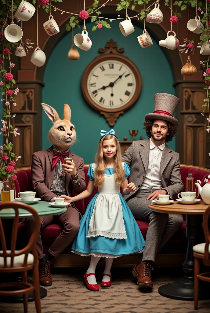 Photography set up for a traditional Alice in Wonderland themed cafe scene. Realistic format with people posing