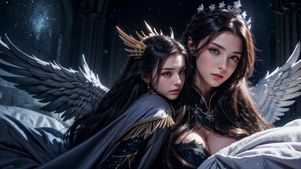 masterpiece, rest, best quality, Very detailed, Super real, 16K, high resolution, castle,snow, ((Starry Sky)),Female Mage,Gorgeous robe,Complex Mode,Pretty Face,Closed mouth,dramatic,Upper Body,Glowing scepter,Black Wings,Large Breasts