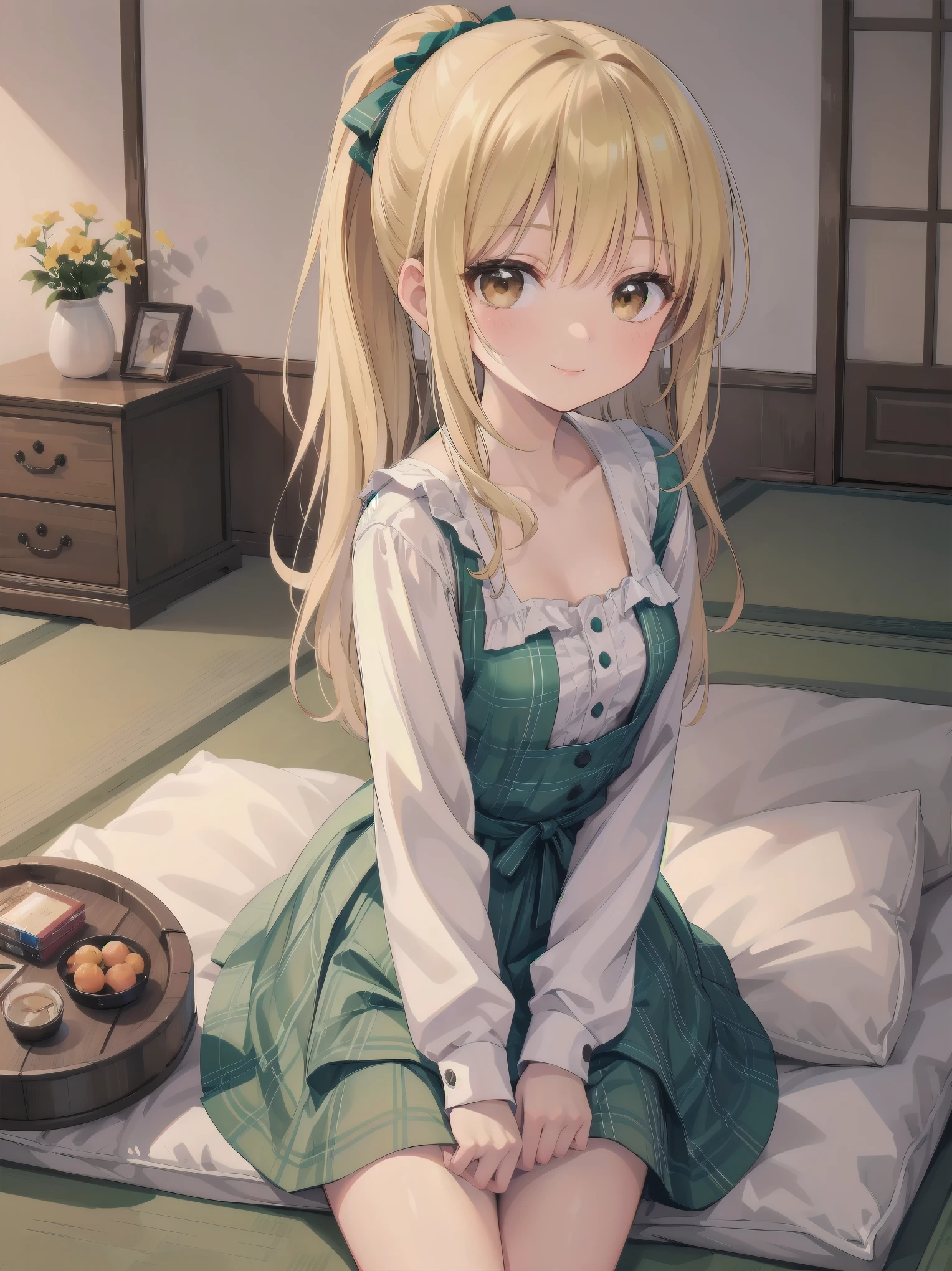 (Masterpiece: 1.3), (Best Quality: 1.2), close-up of one beautiful girl, super hyper-detailed illustration,
BREAK
(Body type: slender, small breasts, naturally charismatic)
BREAK
(Face: outstanding looks, mature beauty, golden brown eyes)
BREAK
(Hairstyle: ponytail, long hair with a smooth texture, layered lightly around the face, ends at chest level, blonde hair)
BREAK
(Fashion: plaid printed splicing dress with vintage long sleeves, modest and stylish)
BREAK
(Pose: bending forward, arms behind her back, bright and inviting smile, silky hair)
BREAK
(Background: cozy, natural interior with wooden features and green tones, 7 tatami mat room with a cosmetic table, bed, futon, cushion, chair, and accessories)