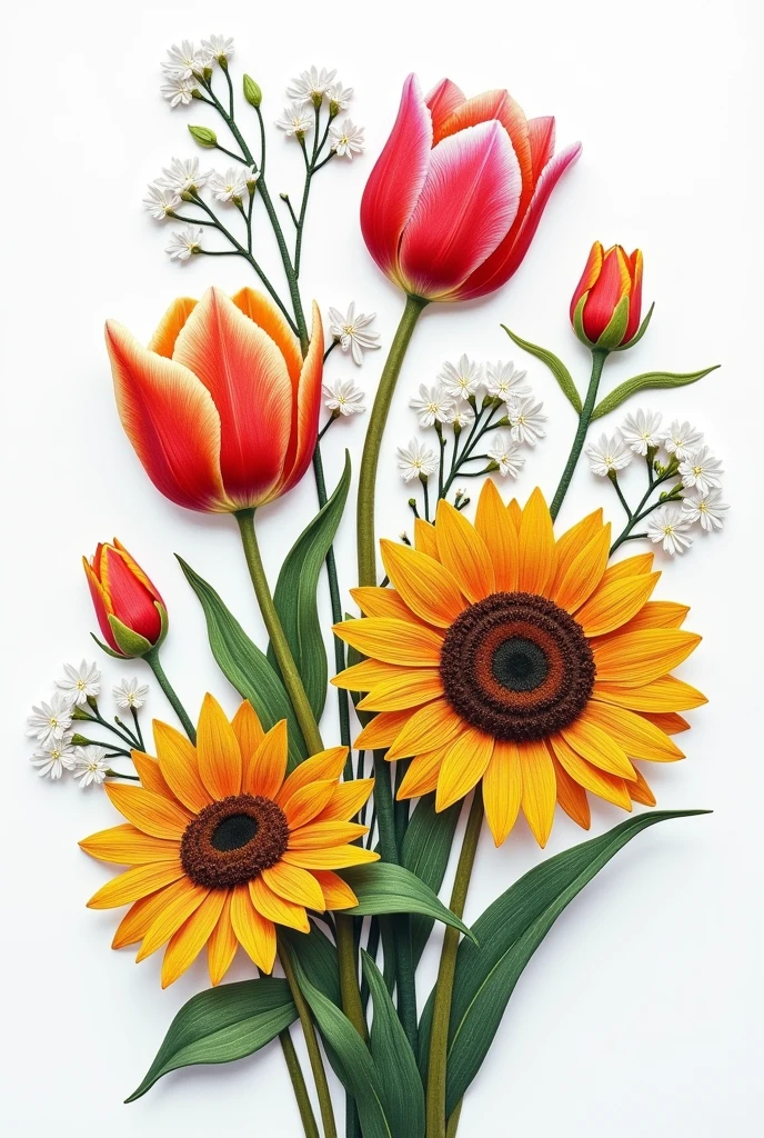 Generate an animated image of an embroidery design by putting together the following flowers:tulips, astromelias, margaritas, sunflowers and gypsophila
