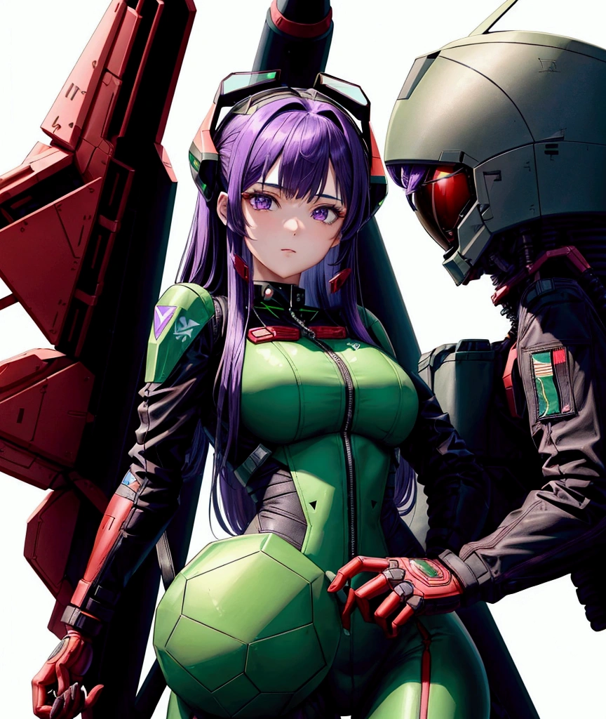 a beautiful girl with straight purple hair, ace pilot of a giant humanoid mech, wearing a tight black and red combat suit, green pauldrons, before a mission launch