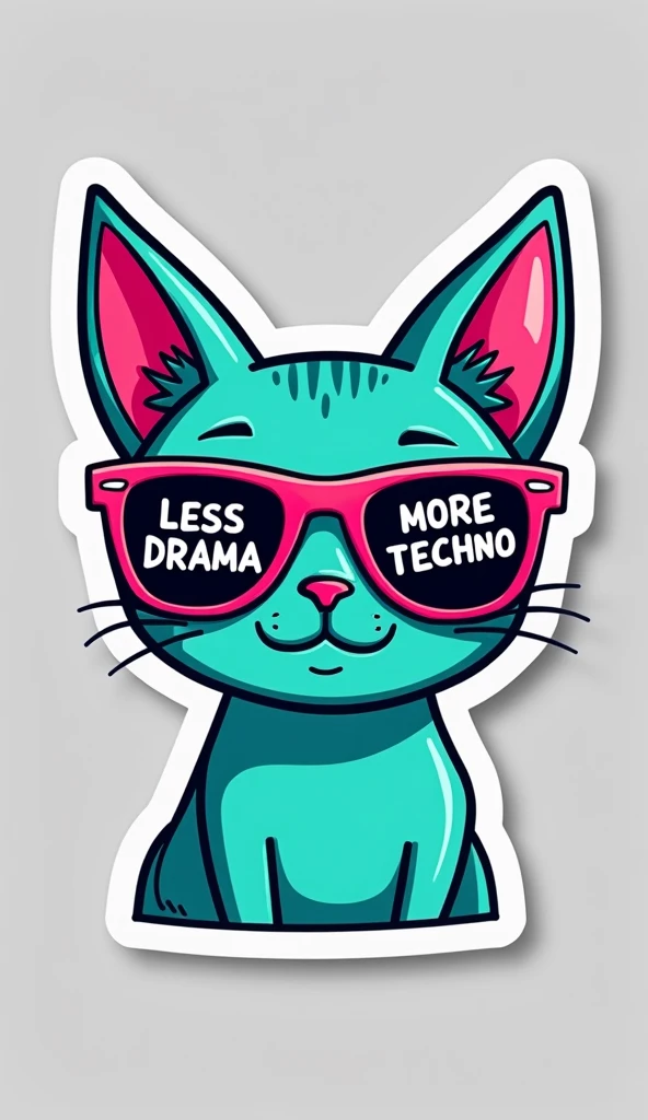 Stylized, cartoon-like sticker featuring a turquoise cat with large ears and wearing pink sunglasses. The sunglasses have black lenses with white text; the left lens reads 'LESS DRAMA' and the right lens reads 'MORE TECHNO'. The cat's facial features are outlined in black, and the overall design has a bold, graphic style with thick lines and high contrast. The sticker has a white border around the edges, enhancing its visibility against the light gray background.