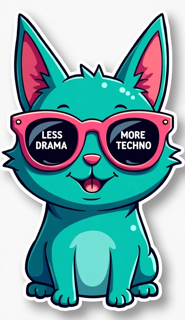Stylized, cartoon-like sticker featuring a turquoise cat with large ears and wearing pink sunglasses. The sunglasses have black lenses with white text; the left lens reads 'LESS DRAMA' and the right lens reads 'MORE TECHNO'. The cat's facial features are outlined in black, and the overall design has a bold, graphic style with thick lines and high contrast. The sticker has a white border around the edges, enhancing its visibility against the light gray background.