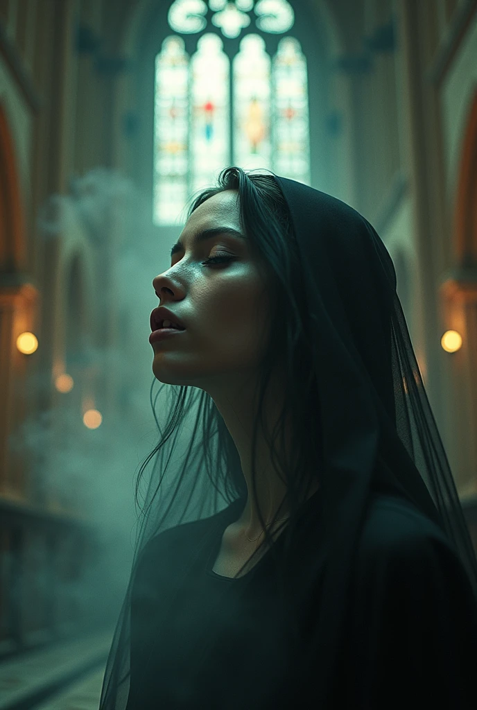 editorial photography,super detailed background,Super realistic,double exposure,depth of field,beauty super slender skinny vibes,soft focus darkness tone,narrative scene,open lips,gothic style,at the cathedral,immoral,blasphemous,God,the Virgin Mary,the angels,many devils comes out of the mouth,portrait photo,