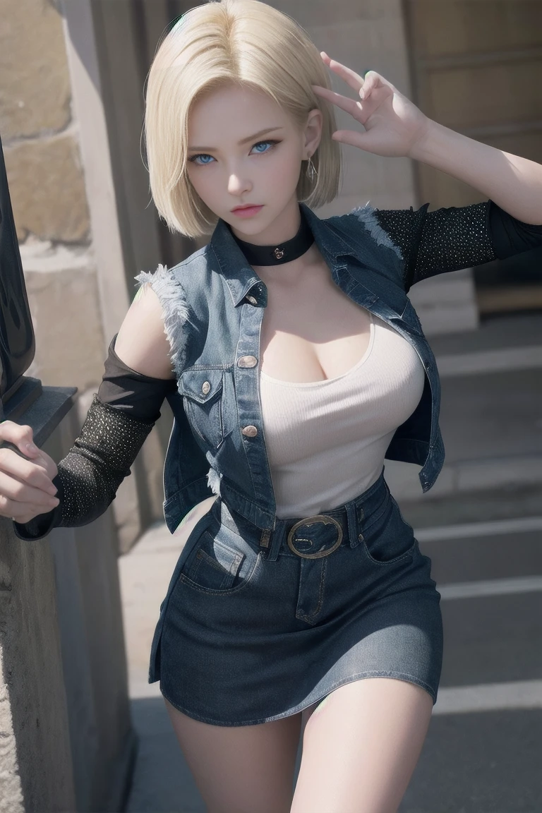 android 18, Blonde hair, Blue eyes, eyeslashes, hoop earings, Short hair, earring
bring, black sock, Black shirt, breast pocket, cleavage, clavicle, denim, denim skirt, high waisted skirt, jewelry, Long sleeves, Pocket, shirt, shirt tucked in, Skirt, streaked, Striped sleeves, waistcoat,Correct hands,