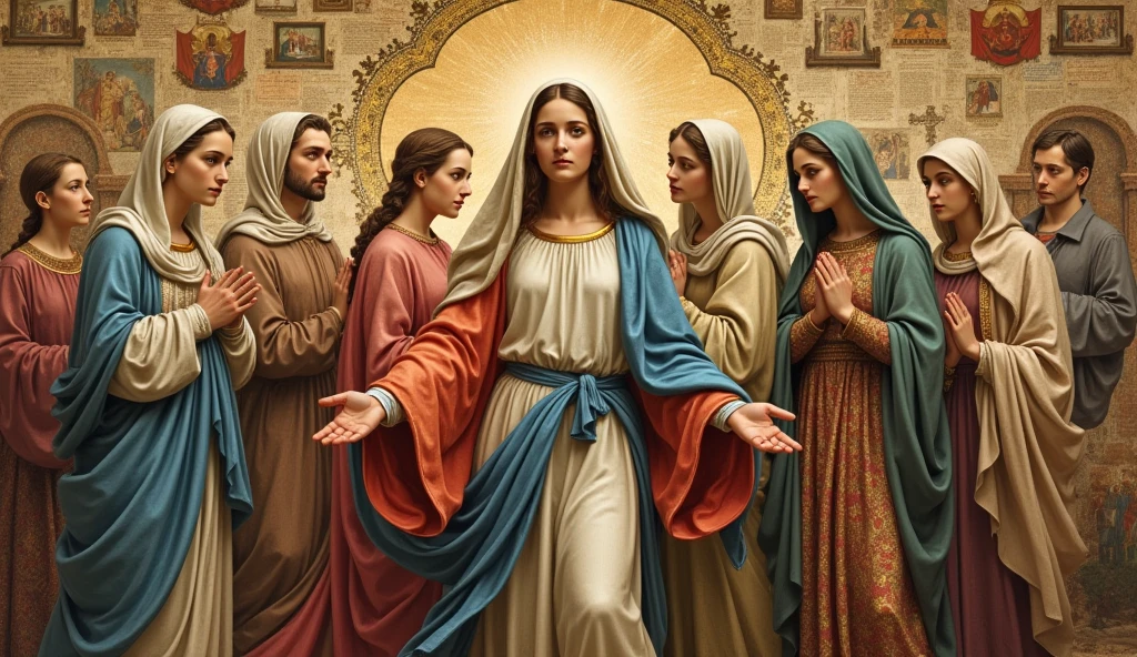 A composition that shows the connection between Mary and her followers throughout the centuries, with superimposed images of various representations of Mary. The background is a collage of historical and religious elements, conveying a sense of legacy and continued love.