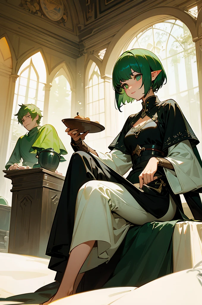 Create a fantasy creature, half scorpion, half black elf, short hair with bangs, green hair, white and black tunic, sitting in a medieval canteen, vintage, medieval fantasy, magic and nobility