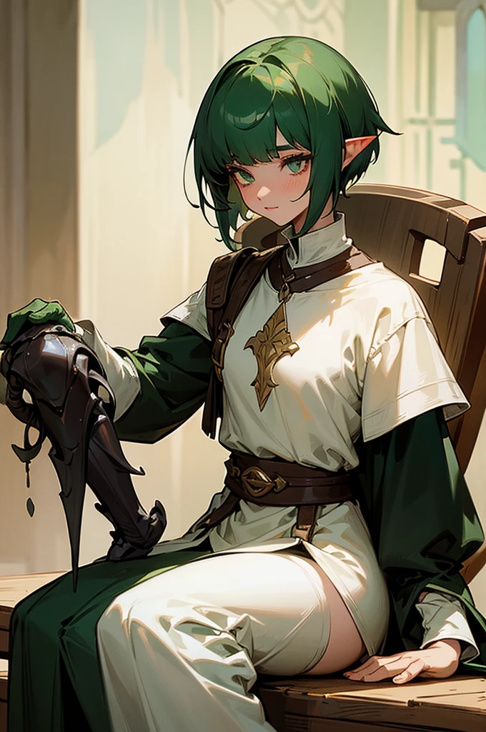 Create a fantasy creature, half scorpion, half black elf, short hair with bangs, green hair, white and black tunic, sitting in a medieval canteen, vintage, medieval fantasy, magic and nobility