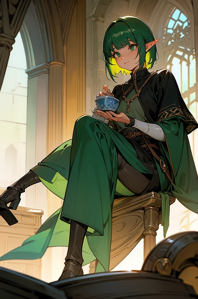 Create a fantasy creature, half scorpion, half black elf, short hair with bangs, green hair, white and black tunic, sitting in a medieval canteen, vintage, medieval fantasy, magic and nobility