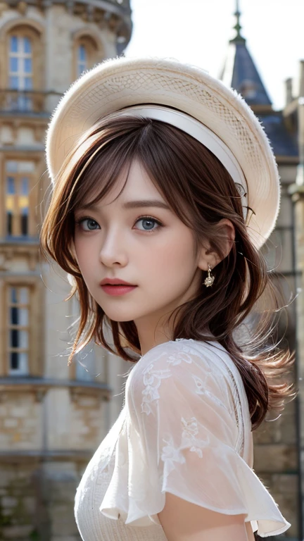 1 girl, very bright backlighting, solo, {beautiful and detailed eyes},calm expression, natural and soft light, hair blown by the breeze, delicate facial features, Blunt bangs, beautiful Russian girl,eye smile, very small earrings, 22yo, ((model pose)), Glamor body type,(half red and half brown hair,noble hairstyle:1.2), flim grain, realhands, masterpiece, Best Quality, photorealistic, ultra-detailed, finely detailed, high resolution,brown messy hair, perfect dynamic composition, beautiful detailed eyes, Russian girl,((nervous and embarrassed)),sharp-focus, beautymix, FilmGirl,smile,(wearing a noble white dress,hat,gloves :1.3),(Standing in front of a noble castle in England:1.3),(cowboy shot:1.3),facing reality,(shot from below:1.3)