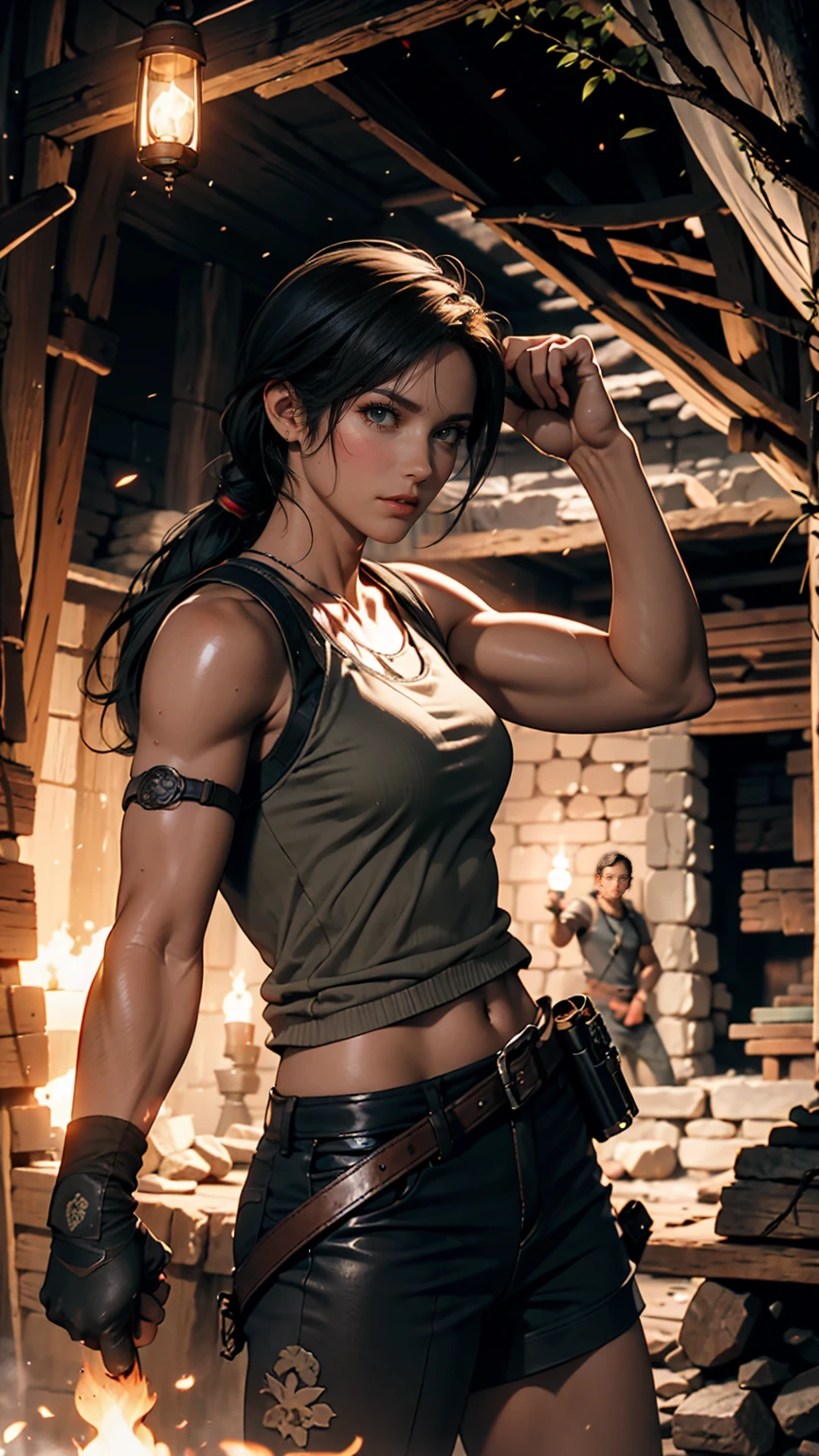 Tomb Radar、Lara Croft、ancient ruins、cave、dark、Hold up a lit torch to light the way ahead、pistol(Colt Government)Hold