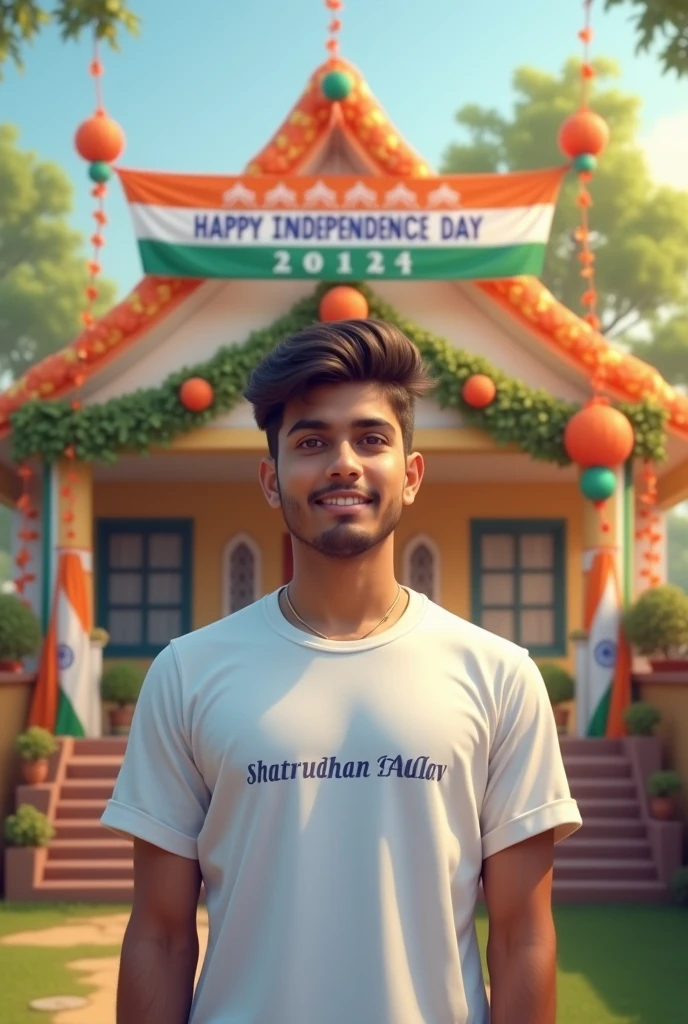 A real 20 year old boy, wearing a white "Shatrudhan yadav" T-shirt stands in front of a house decorated with Indian flags and tricolor balloons, sajse has al upcoming IndepenAPPY celebration. The house banner that reads "HAPPY aidrge INDEPENDENCE DAY 2024 and make sure text should be correct.