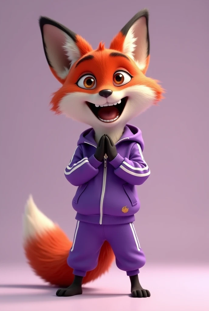A fox standing in Disney Pixar 4D style wearing a stylish purple tracksuit, happy, standing with a wide smile and an open mouth, looking happy with his hands touching each other.