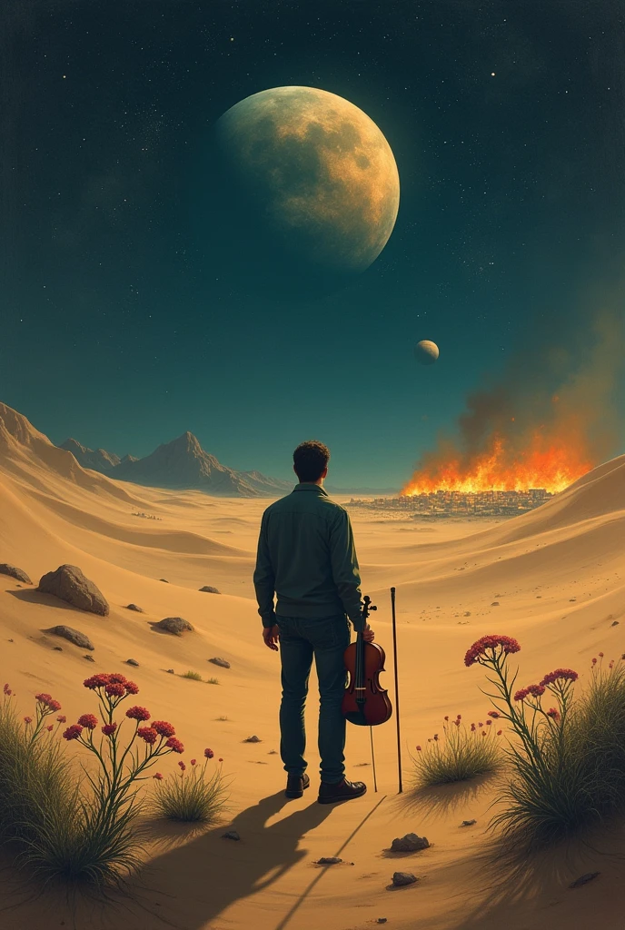 Lonely man in the night desert. in the background a city. on fire, next to the man a beautiful flower, starry sky , HD, the man is with his back turned, in surreal style, dreamlike painting,  best style Delhi, fire, planets in the sky, the gombre holds a violin