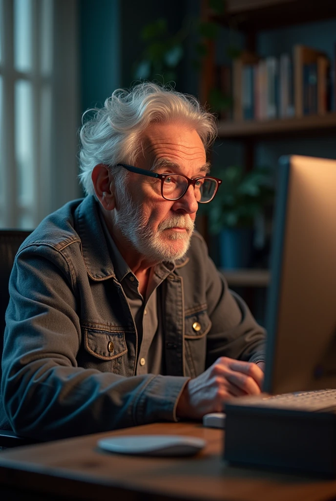 An elderly gay nerd sitting at the computer