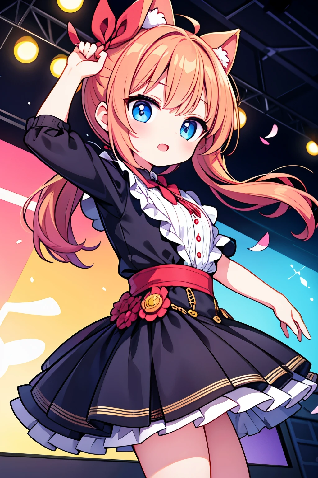 Chibi girl performing on stage、Dressed in a cute fruit costume、action、Jump、Take a photo from the side
