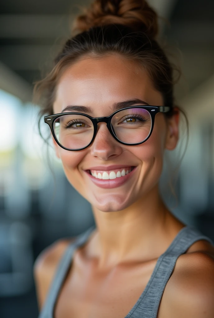 woman wearing hair bun for gym, lipstick, and glasses smiling to camera; 4k; high quality