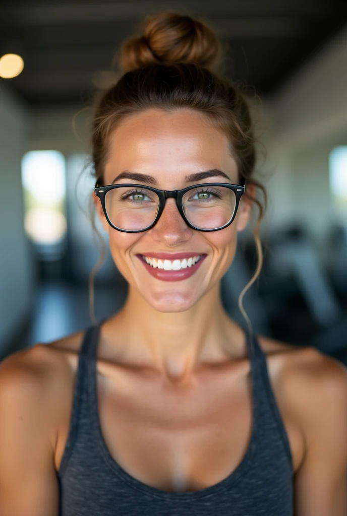 woman wearing hair bun for gym, lipstick, and glasses smiling to camera; 4k; high quality