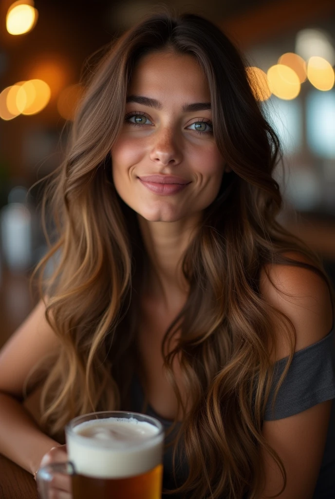 hyper realistic portrait of a young brunette, 23 years old, with long flowing brunette hair with highlights and striking blue eyes. She should have a natural, approachable expression and be lit by soft, golden light, canon eos r5, raw format, sitting at the bar with a beer