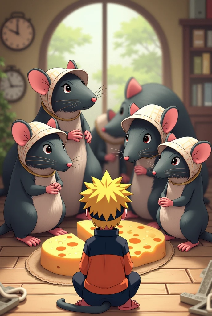 Naruto sitting on the floor,  watching giant rats in bonnets grating cheese