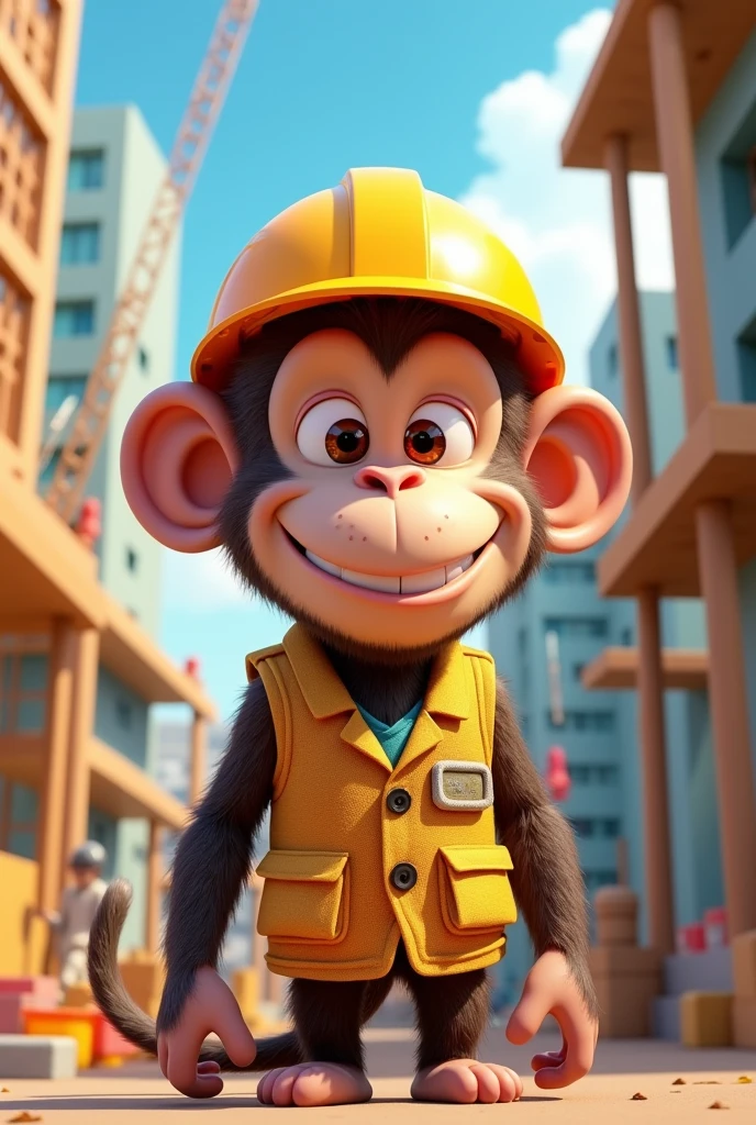A cartoon monkey with a helmet and an architect's vest in a building environment and a construction made with geometric figures