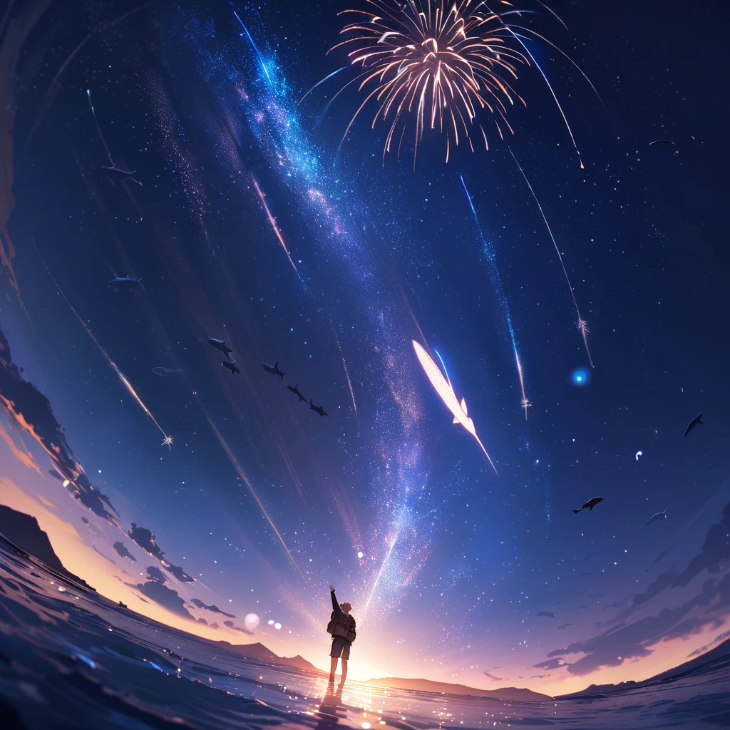 whole body ,From below ,Raised his arms in the air ,Particles of light ,Long and tired rando hair ,Sideburns , Gradient Eye ,look up ,Teen ,Happy ,Seraphim ,{{{masterpiece}}}, {{{Highest quality}}}, {{Very detailed}}, {figure}, {{Very delicate and beautiful}},night,Flying dolphins, beluga,Absurd,employment,Super detailed, 6 years old,{{{{{bubble}}}}},Sea of stars, shooting star, School of fish,contrast,local,firework:2,Flying Fish