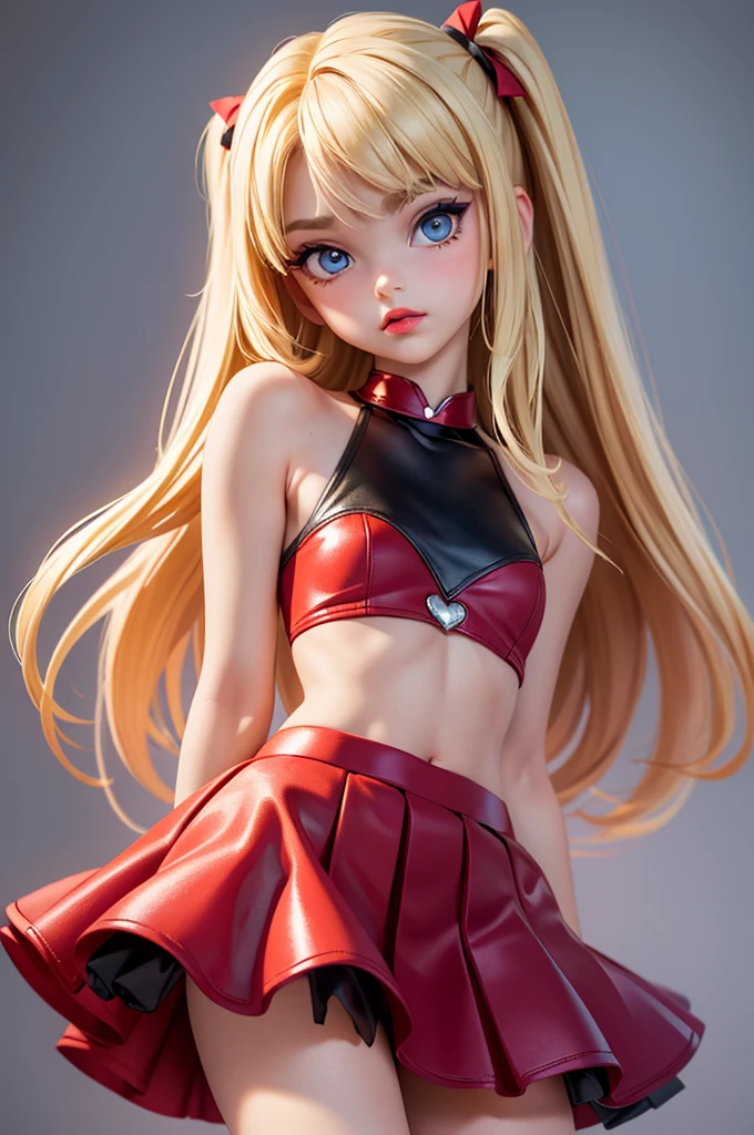 hyperrealistic  american teen, blondittle, perfect tiny body, sexy, dark makeup, small choker, perfect slim face, big red lips, very cute face, tiny body, big eyes, young looking, childish looking, perfect belly, red tight dress
