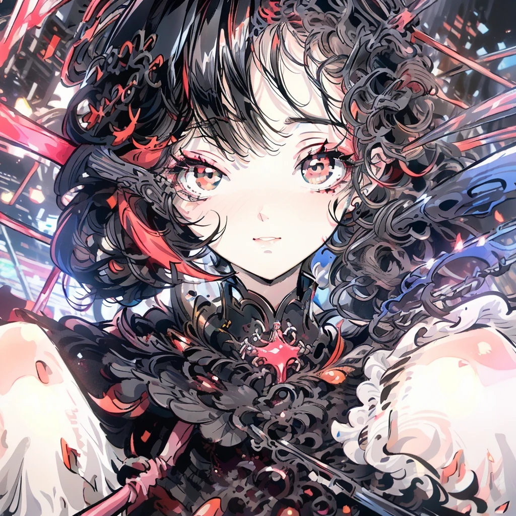 A girl with black eyes and red pupils,black and red hair with dark skin