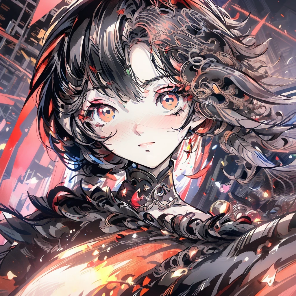 A girl with black eyes and red pupils,black and red hair with dark skin