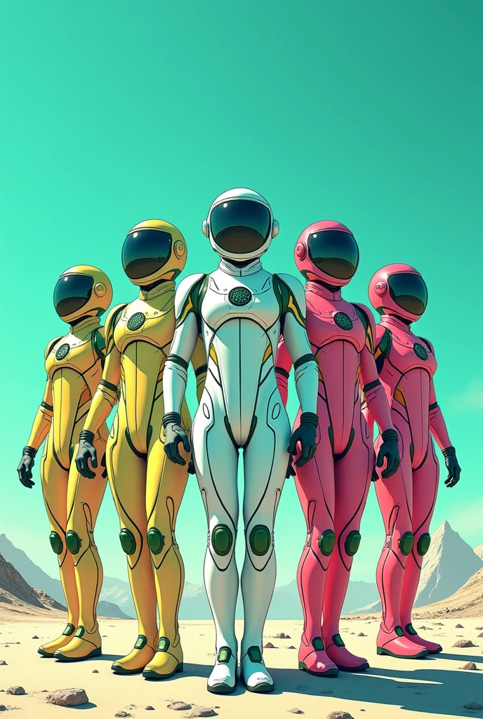 5 futuristic space military suits in white comic style with green details on each suit,cerulean,yellow,red and pink. With emblem written bravex.