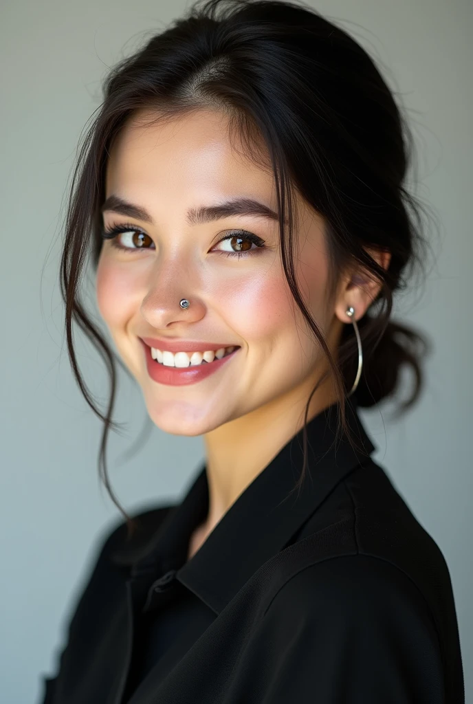 White woman with a lower bun, Brown eyes, black polo shirt and septum ring piercing, It is the one that goes in the middle of the nose