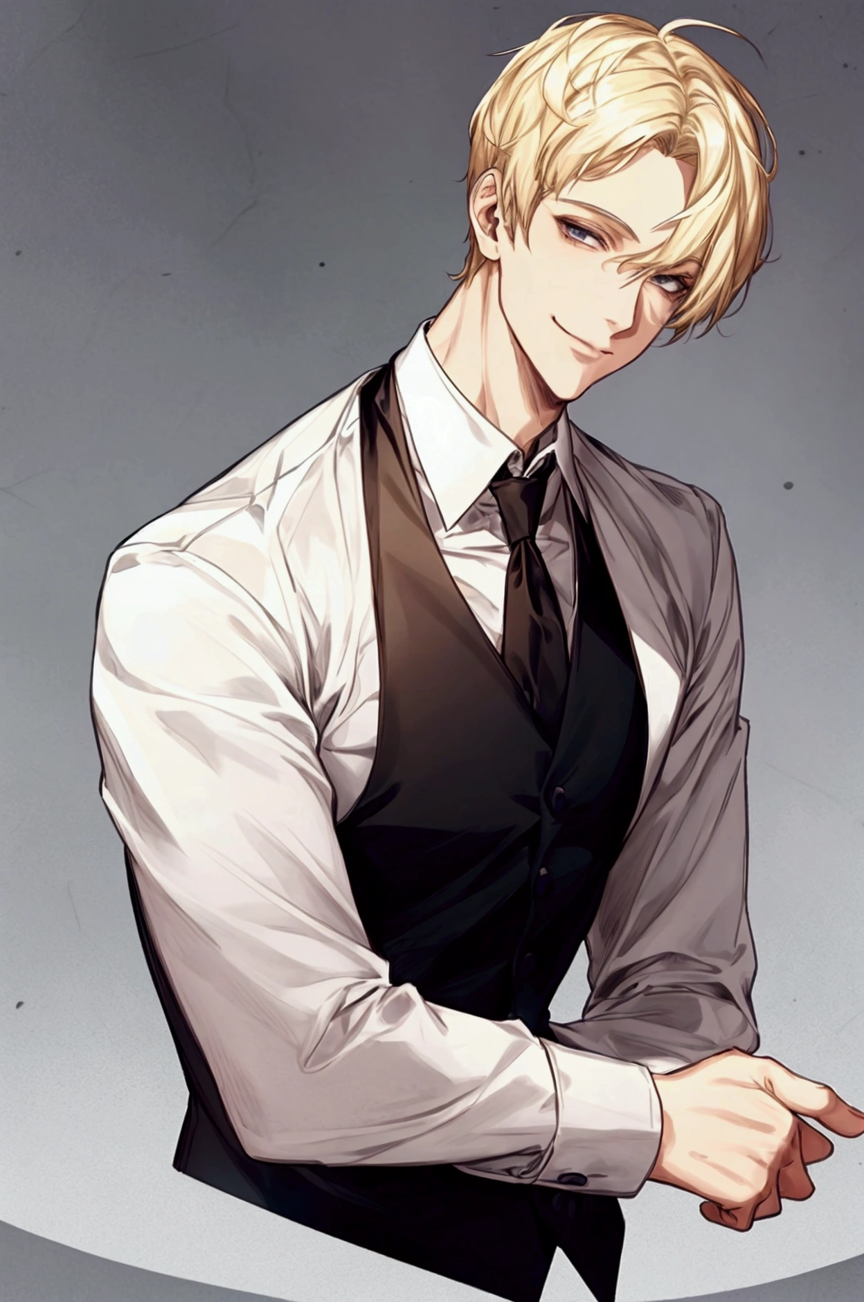 Guy, blonde short hair, wearing a white shirt, hair is split to side, Half body, high quality, handsome face, smiling at camera