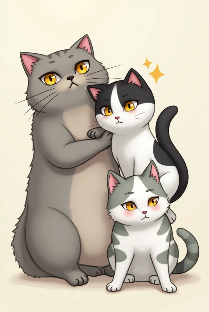 Draw 3 Cats: First chubby gray cat with yellow eyes; second cat white and black and yellow eyes; third small white cat with gray and some stripes of green eyes
