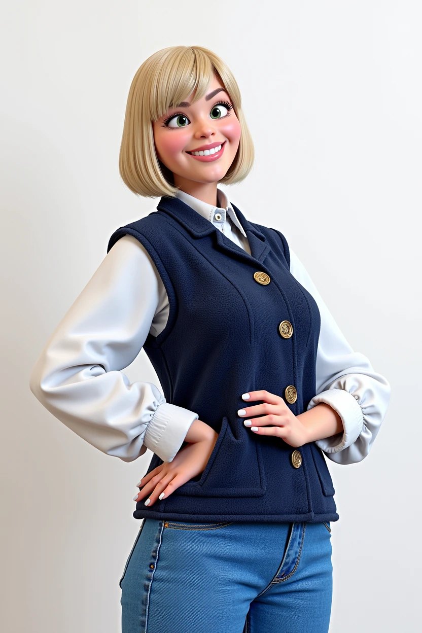 cartoon character, Woman, blonde bob hair with bangs, Grinning, white sleeve shirt, with navy blue vest with buttons on both sides, animation character, stylized character, animation style rendering, 3d stylized, Arnold Maya rendering, Stylized 3D rendering, toon render screenshot, 3d character, 3d character, Stylized 3D rendering, 3D character rendering, cartoon character, Personagem de close up, character posing, (Pixar-style) (master part:1.2) (bokeh) (best qualityer) (skin detailed) (detailed texture) (8k) (Argilla) (cinematic lighting) (sharp focus
