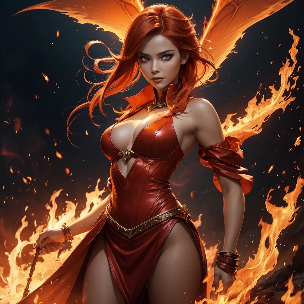 "A Flame Fairy, a fierce and powerful being who commands fire and heat. She has vibrant red and orange hair that cascades like a fiery waterfall, with wings that flicker and shimmer like living flames. Her eyes blaze with intensity, filled with the warmth and danger of a roaring fire. She appears to be in her early 20s, but her true age is a mystery, lending her an ageless aura. Her outfit is bold and daring, resembling flames licking her skin, with a medium level of exposure that complements her fiery and confident nature. Her expression is sharp, with a confident, almost daring smile, and her facial features are refined and elegant, without any animalistic traits. New Flame Fairies are born from the fire spirits within volcanoes and barren lands, embodying the raw, untamed power of fire."