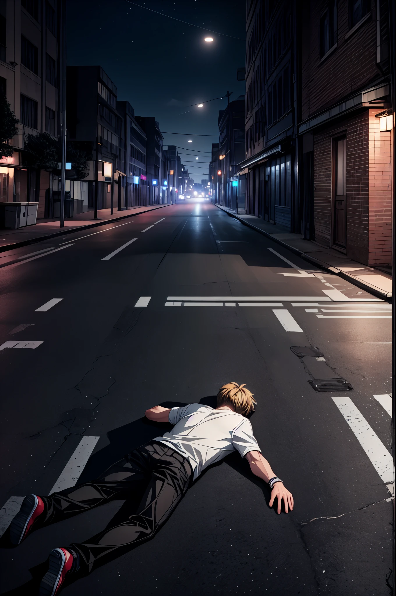 A 25 year old boy is lying in the middle of an empty street at night and boy's behind stand car' back light 'on', UHD, 4K, ULTRA HD, RAW PHOTO, ANIME,